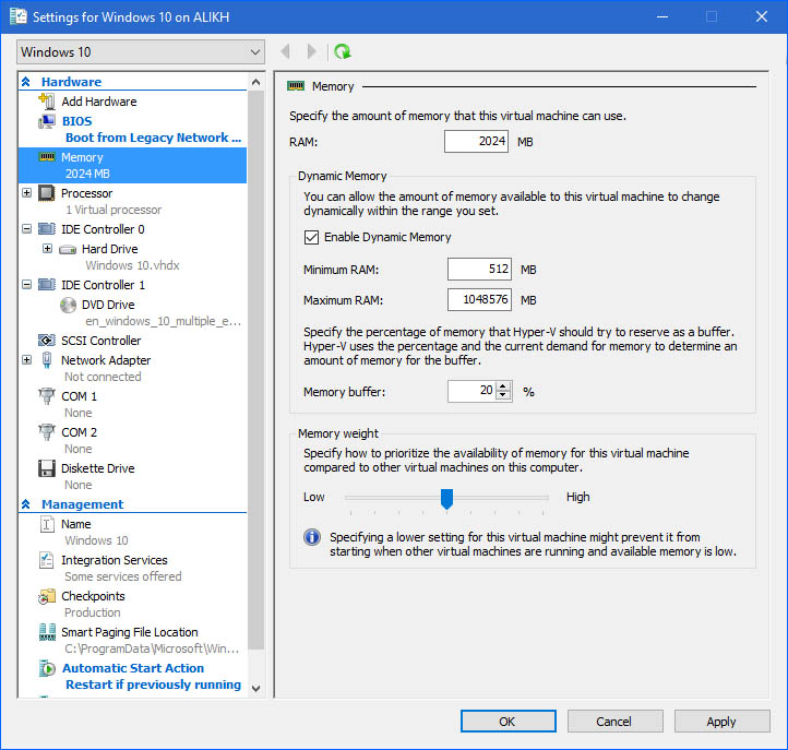 تغییر منابع سخت افزاری ماشین مجازی در Hyper-V
