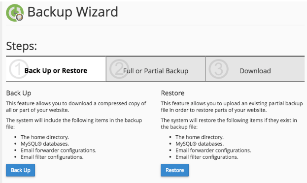  با  Backup wizard در cPanel، با چند کلیک ساده می توان یک نسخه پشتیبان تهیه کرد.